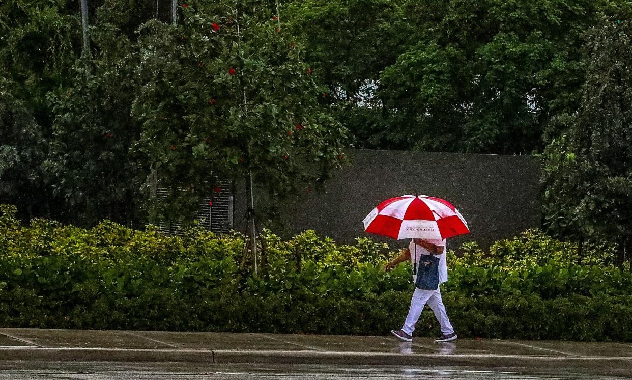 A woman shields herself from the rain as she walks along Belvedere Rd. near S. Dixie Hwy. in West Palm Beach Saturday morning June 4, 2022. Heavy rainfall and possible flooding is expected throughout the day.