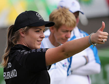 Mandy Boyd of New Zealand reacts during the Women's Fours bronze medal match between New Zealand and Scotland.