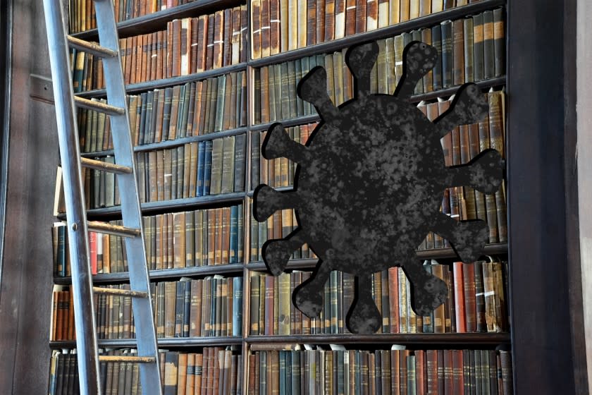a bookcase with a coronavirus shape cut into it