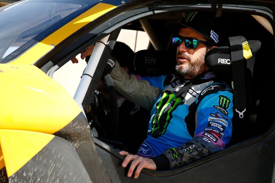 Ken Block prepares to take the wheel of Extreme Es E-SUV to take part in the Grand Prix of Qiddiya finale