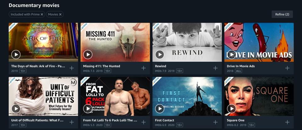 The "Documentary movies" section on my Amazon Prime account. (Photo: Amazon)