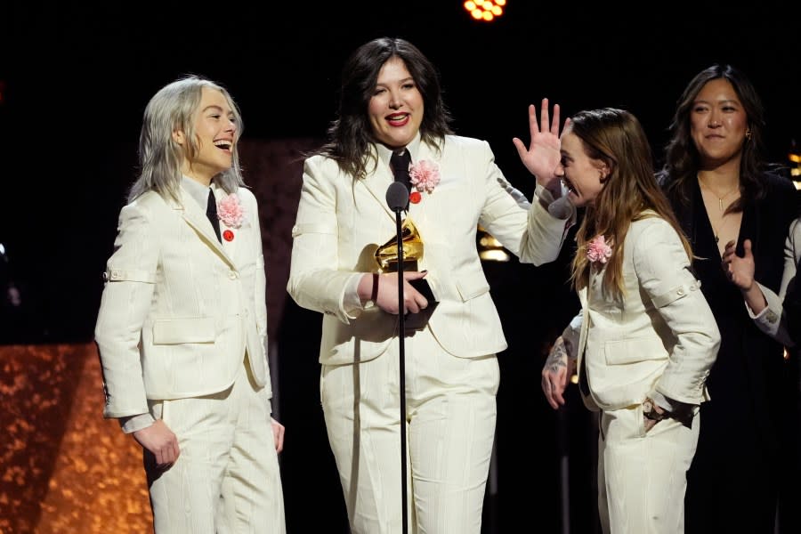 Phoebe Bridgers, from left, Lucy Dacus and Julien Baker, of boygenius accept the award for best rock performance “Not Strong Enough” during the 66th annual Grammy Awards on Sunday, Feb. 4, 2024, in Los Angeles. (AP Photo/Chris Pizzello)