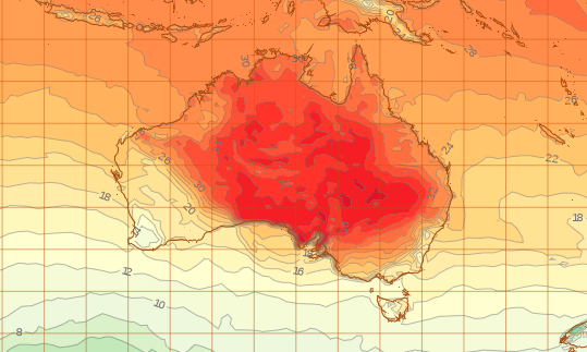 A weather map showing temperatures will be warmer in the eastern parts of Australia on Wednesday.