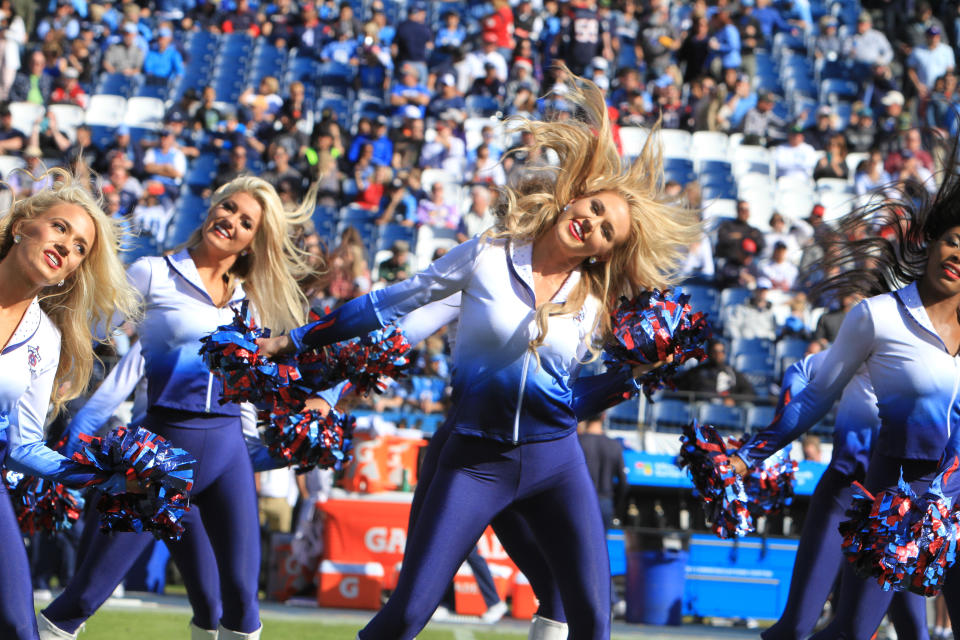 <p>Tennessee Titans cheerleaders entertain the crowd during the Houston Texans game versus the Tennessee Titans on December 3, 2017, at Nissan Stadium in Nashville, TN. (Photo by Matthew Maxey/Icon Sportswire via Getty Images) </p>