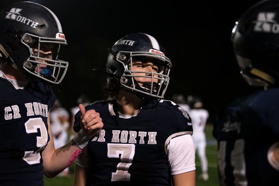 Council Rock North's Will Scibona (right) chats with teammate Vaughn Vanderslice during a 2022 win over Hatboro-Horsham.