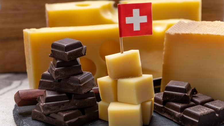 chunks of chocolate and cheese with Swiss flag