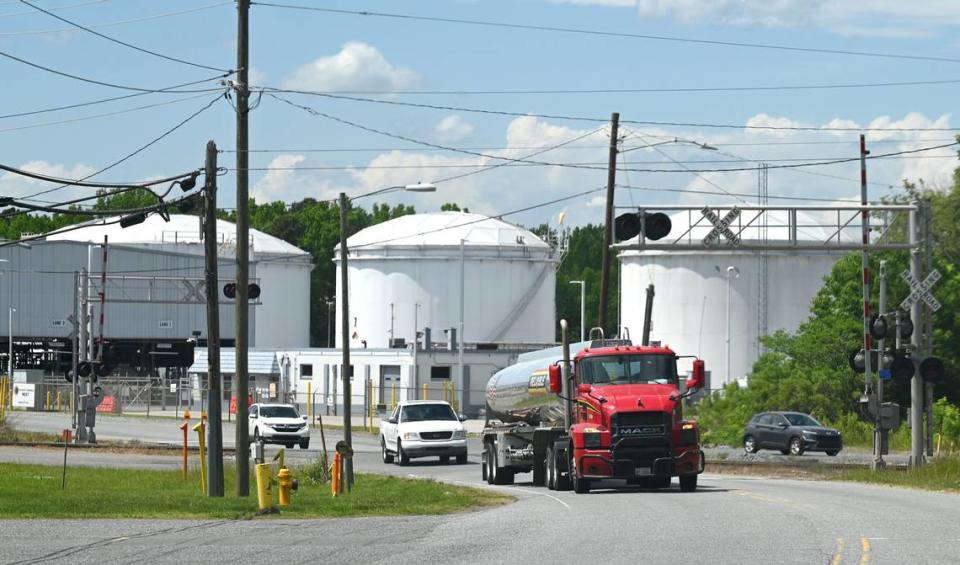 A tanker truck leaves the tank farm in Charlotte, NC on Tuesday, May 9, 2023.