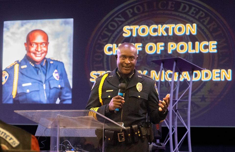 Stockton Police Chief Stanley McFadden speaks during a public safety town hall meeting at Victory in Praise Church in Stockton on Wednesday, Oct. 5, 2022.