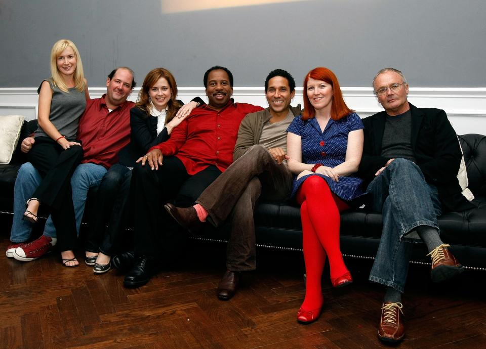 HOLLYWOOD - SEPTEMBER 27: Cast members from "The Office" (L-R) Angela Kinsey, Brian Baumgartner, Jenna Fischer, Leslie David Baker, Oscar Nunez, Kate Flannery, and Creed Bratton pose at the NIVEA for Men premiere party for "The Office" held at Boulevard 3 on September 27, 2007 in Hollywood, California. (Photo by Mark Davis/Getty Images for NIVEA)