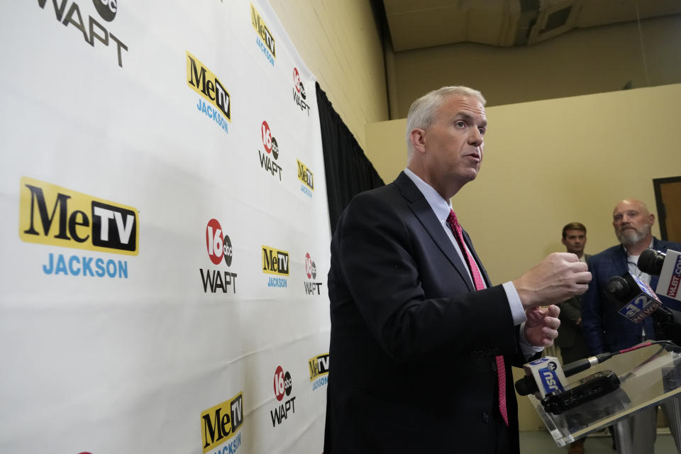 Brandon Presley, the Democratic nominee for Mississippi governor, speaks with reporters following the televised gubernatorial debate with Republican Gov. Tate Reeves, Wednesday, Nov. 1, 2023, in Jackson, Miss. (AP Photo/Rogelio V. Solis)