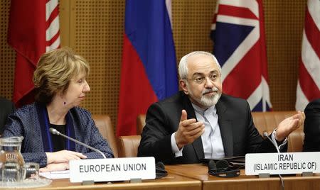 European Union Foreign Policy Chief Catherine Ashton (L) and Iranian Foreign Minister Mohammad Javad Zarif wait for the begin of talks in Vienna June 17, 2014. REUTERS/Heinz-Peter Bader