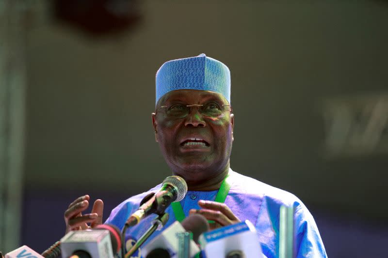 FILE PHOTO: Former Nigeria Vice President Atiku Abubakar adresses the People's Democratic Party delegates during the Special convention in Abuja