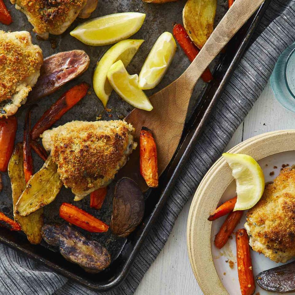 Crispy Lemon-Garlic Chicken Thighs with Roasted Potatoes & Carrots