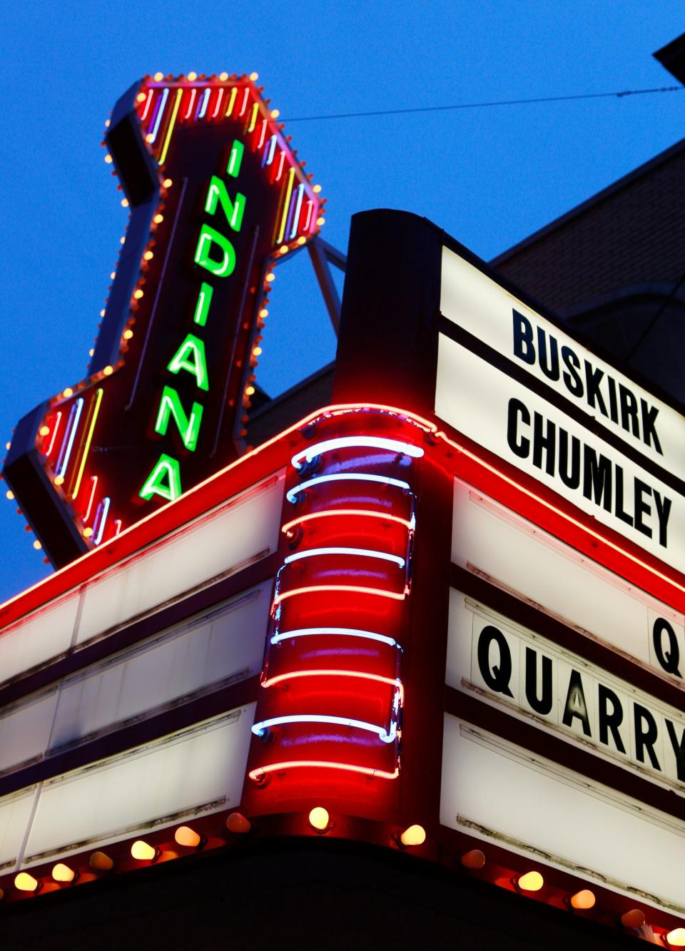 The marquee of the Buskirk-Chumley Theater is seen in 2012 during its 90th anniversary celebration.