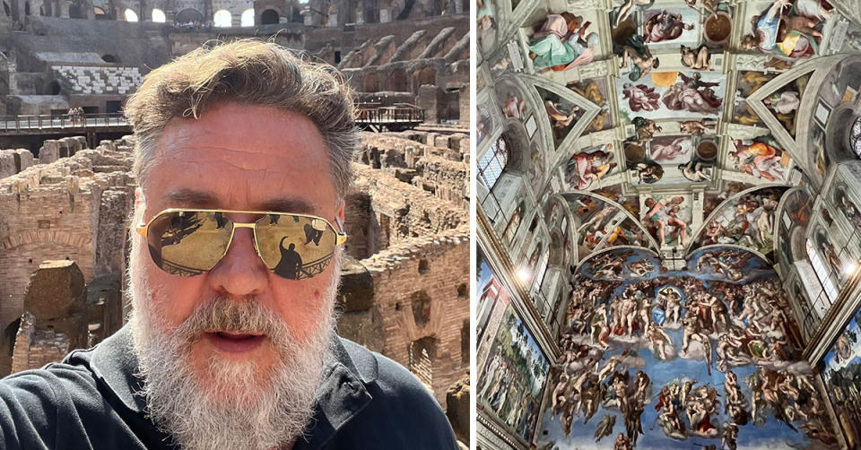 L: Russell Crowe takes a selfie with aviator sunglasses in Rome. R: A photo of the inside of the Sistine Chapel