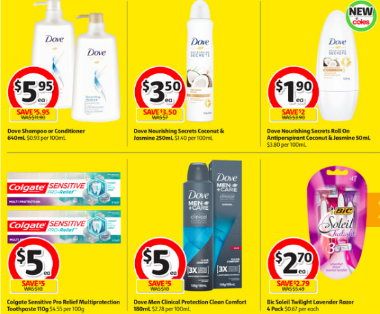 Toiletries selling for half-price at Coles.