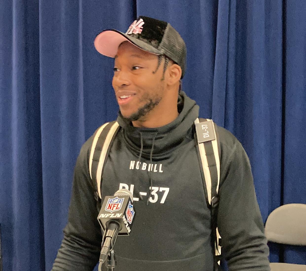 Bergen Catholic grad Javontae Jean-Baptiste, a defensive end for Notre Dame, talks to reporters at the NFL Scouting Combine in Indianapolis. The Rockland County (NY) native has met with the Giants and would embrace a homecoming if that were to happen in the pros.
