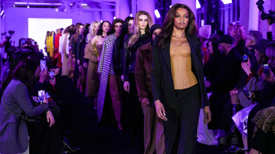 For Fall-Winter 2024, Sergio Hudson continued to develop his signature aesthetic — luxe, statement dressing for the corner office and the club — rendered in a palette the designer described as "crayon colors" in his show notes. - Sean Zanni/Patrick McMullan/Getty Image