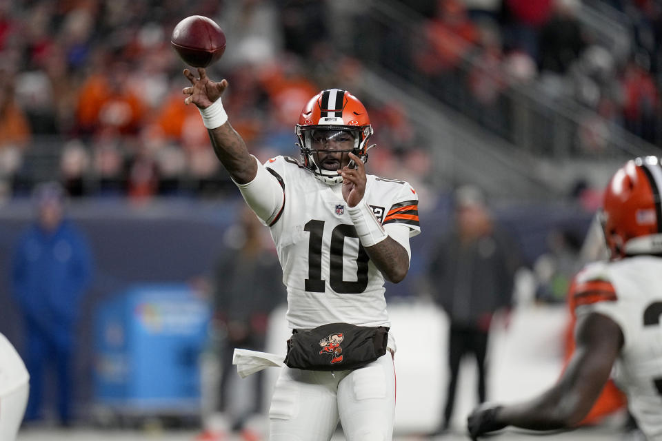 Cleveland Browns quarterback PJ Walker throws during the second half of an NFL football game against the Denver Broncos on Sunday, Nov. 26, 2023, in Denver. (AP Photo/Jack Dempsey)