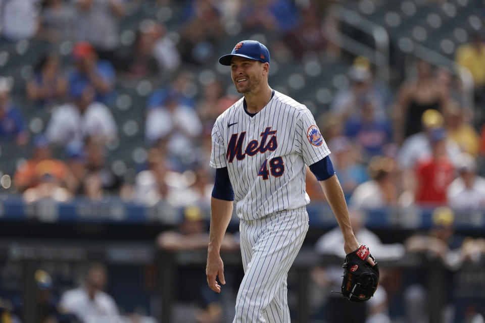 NEW YORK, NY - JULY 7: Jacob deGrom #48 of the New York Mets reacts walking to the dugout in the sixth inning against the Milwaukee Brewers during game one of a doubleheader at Citi Field on July 7, 2021 in the Flushing neighborhood of the Queens borough of New York City. The Mets won 4-3. (Photo by Adam Hunger/Getty Images)