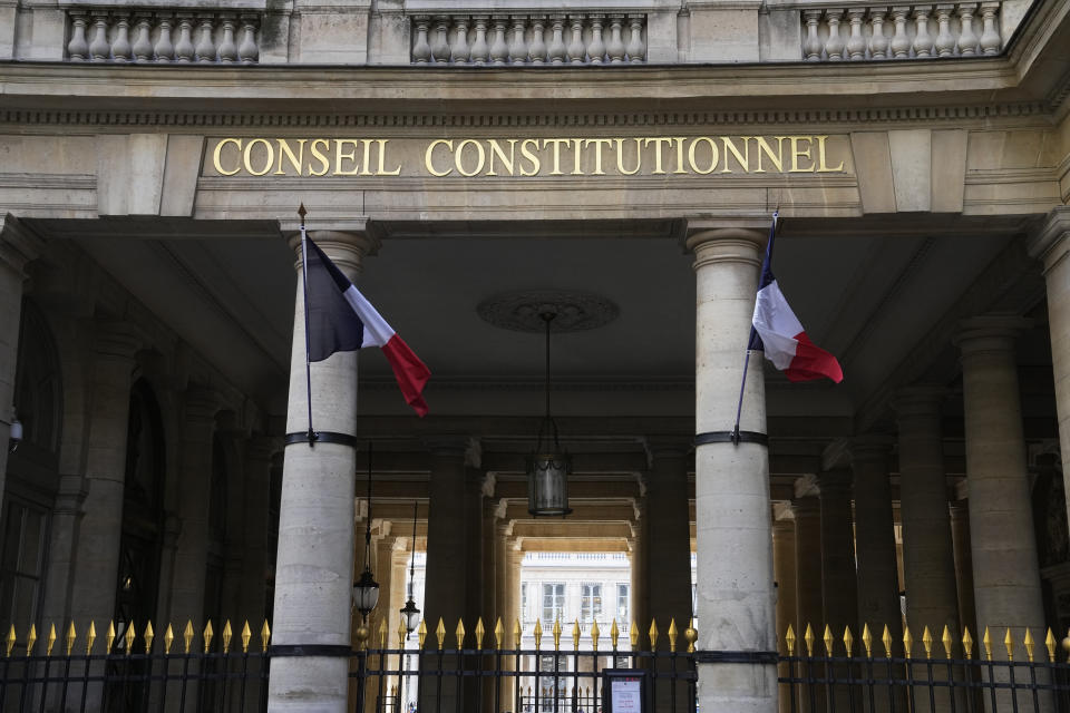 The Constitutional Council is pictured in Paris, France, Wednesday, April 12, 2023. The body' role is to make sure a bill is in line with the Constitution prior to enactment. French unions have staged Thursday a new round of nationwide protests, one day before an expected ruling of the country’s top constitutional body they hope will bring a halt to President Emmanuel Macron’s unpopular pension plan. (AP Photo/Michel Euler)