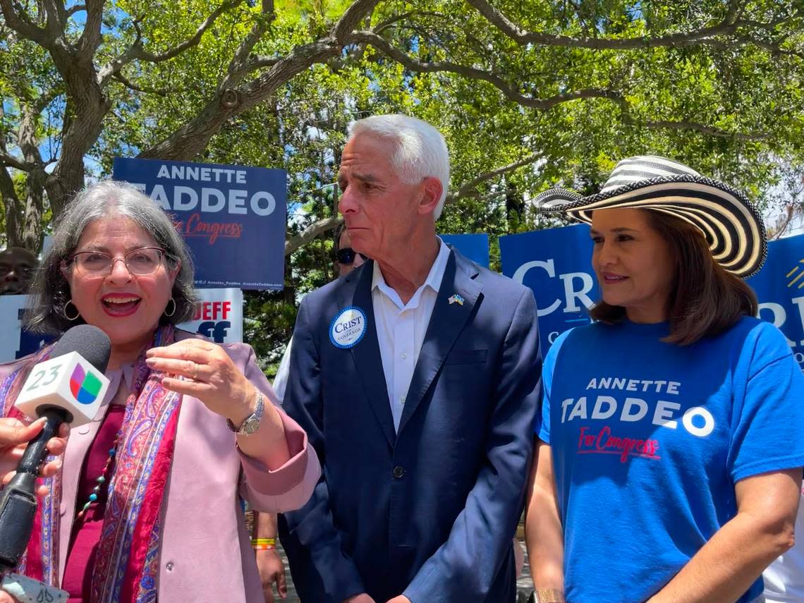 Miami-Dade Mayor Daniella Levine Cava speaks to the media before voting at the Coral Reef Library early voting site near Palmetto Bay on Saturday, Aug. 20, 2022. To her left is Charlie Crist, a Democratic member of Congress running for governor, and Annette Taddeo, a Democratic member of the Florida Senate running for Congress.