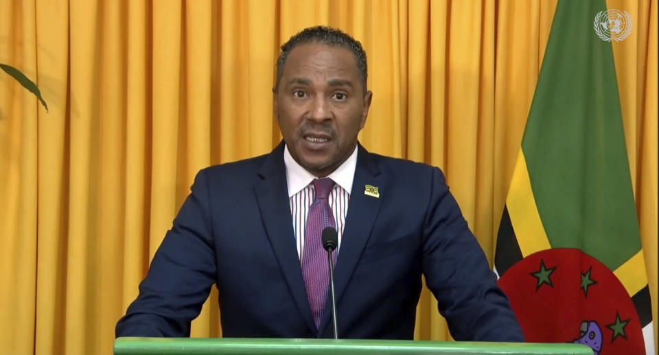 In this image from video provided by the United Nations, Dominica's Foreign Minister Kenneth Darroux addresses the 76th session of U.N. General Assembly in a pre-recorded message presented at U.N. headquarters, Monday, Sept. 27, 2021. (UNTV via AP)