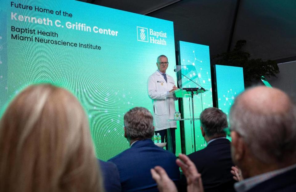 Dr. Michael McDermott, chief medical executive of the Miami Neuroscience Institute, thanks Ken Griffin, Citadel CEO, for his donation during a ceremony on Tuesday, March 19, 2024, at the Baptist Health Baptist Hospital in Miami, Fla. It will be the future home of the Kenneth C. Griffin Center.