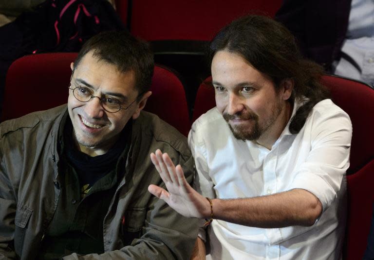 Spanish Secretary of Constituent Process and Programme of Podemos Juan Carlos Monedero (L) and Podemos leader Pablo Iglesias during a meeting in Madrid, on November 15, 2014