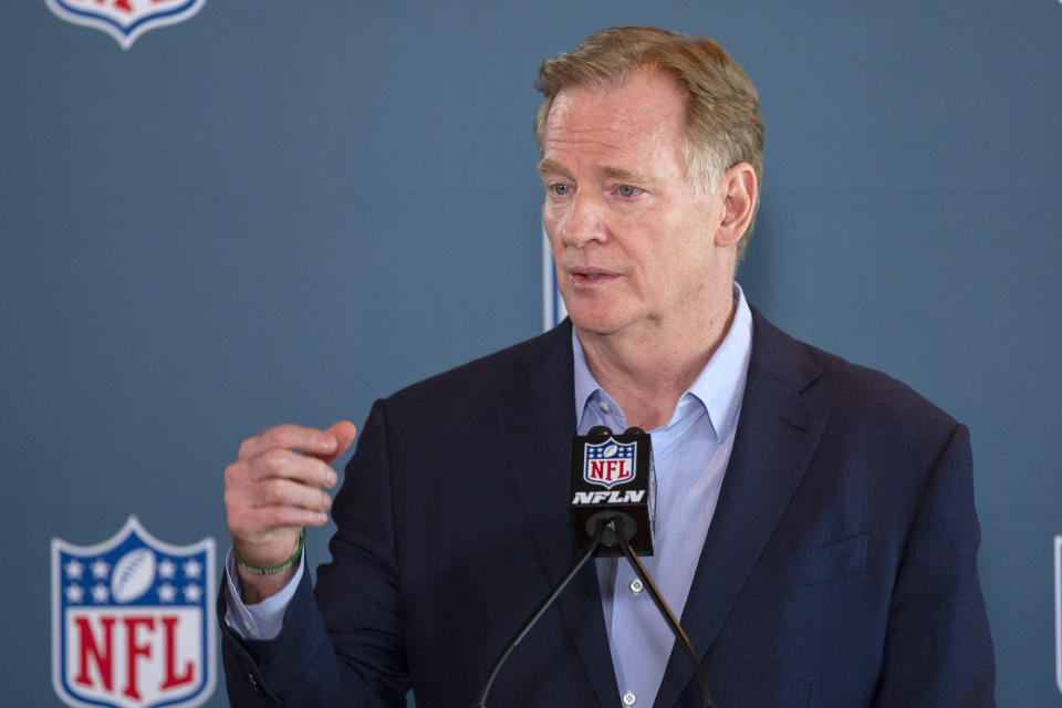 CORRECTS SPELLING OF LAST NAME TO GOODELL, NOT GODELL - NFL Commissioner Roger Goodell addresses the media at the NFL Owners Meetings at the Omni Hotel, Tuesday, May 23, 2023 in Eagan, Minn. (AP Photo/Andy Clayton-King)