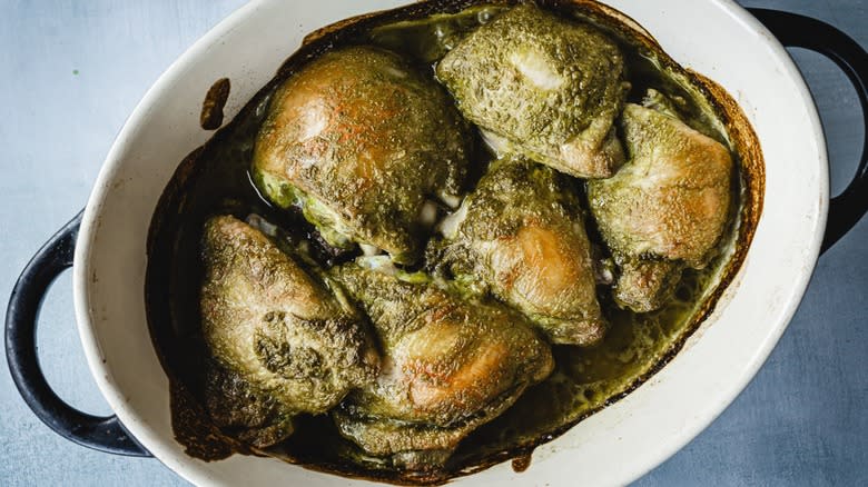 baked herb chicken in casserole dish