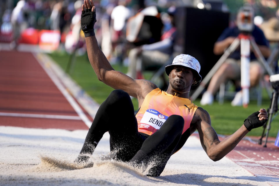 Marquis Dendy competes in the men's Long jump final at the U.S. Olympic Track and Field Trials, Monday, June 24, 2024, in Eugene, Ore. (AP Photo/Charlie Neibergall)