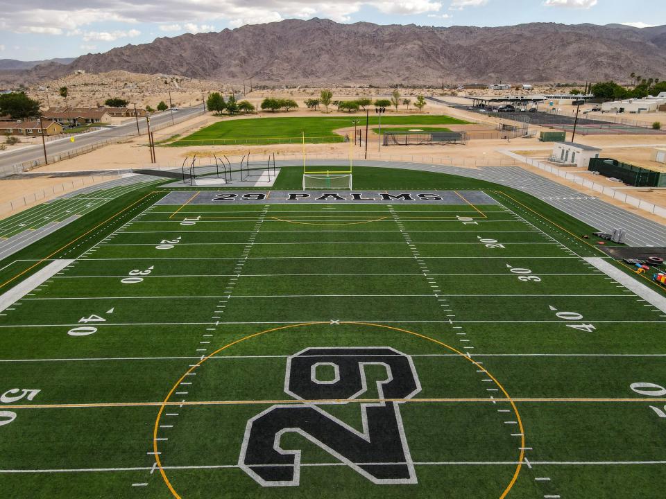 Twentynine Palms' new turf football field is seen from above at the high school in Twentynine Palms, Calif., Wednesday, Aug. 16, 2023. 