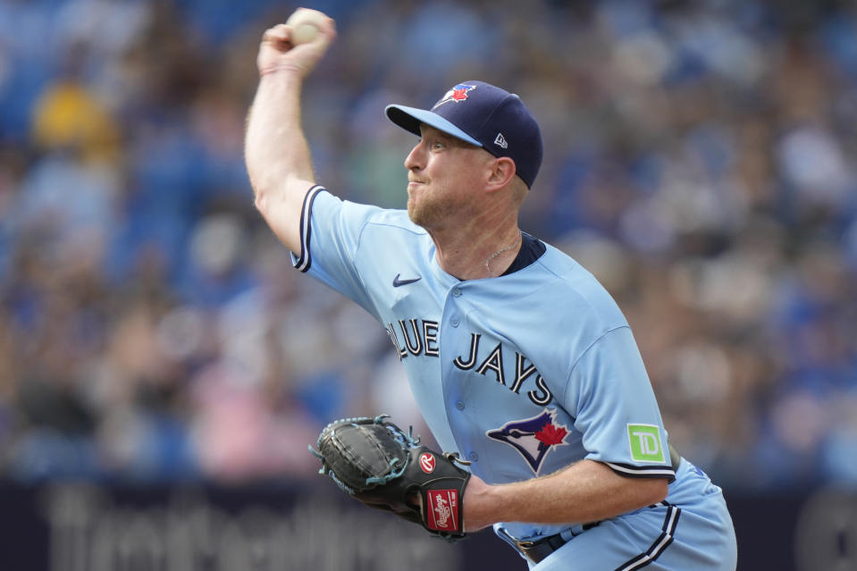 Toronto Blue Jays starting pitcher Wes Parsons throws against the Tampa Bay Rays during first-inning baseball game action in Toronto, Sunday, Oct. 1, 2023. (Frank Gunn/The Canadian Press via AP)