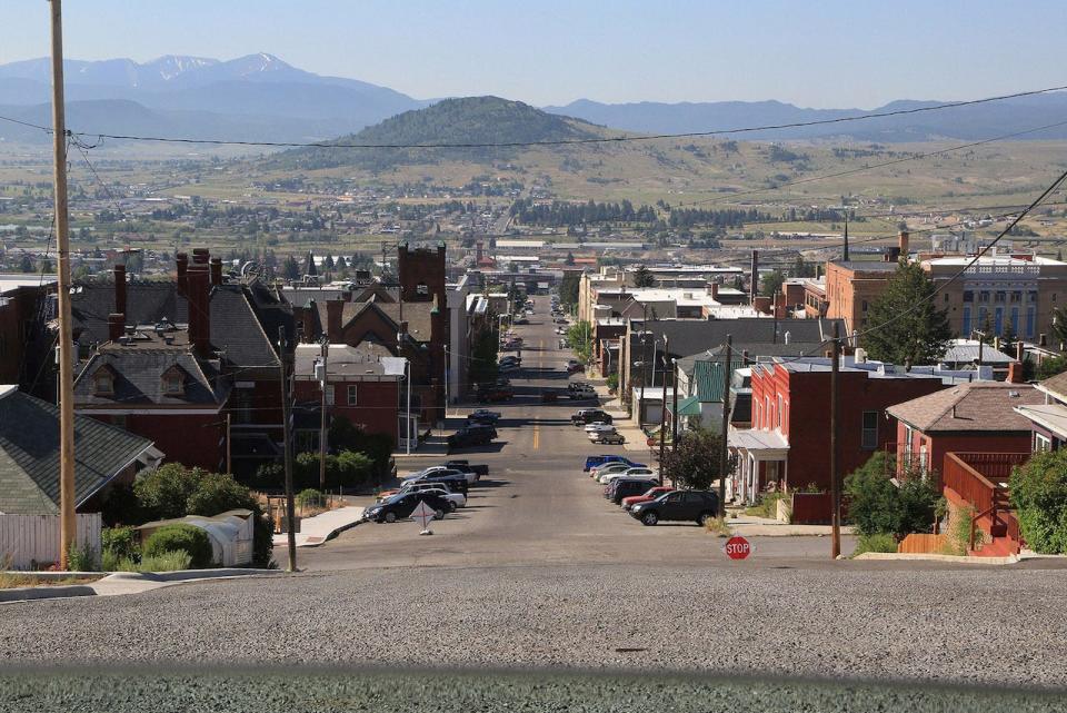 A view of downtown Butte is seen through a car window on July 6, 2017 in Butte, Montana.