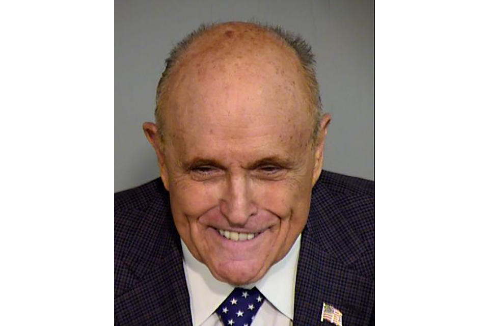 This photo released by the Maricopa County, Ariz., Sheriff's Office on Monday, June 10, 2024, shows former New York City mayor and Donald Trump attorney Rudy Giuliani. Giuliani was processed Monday in the criminal case over the effort to overturn Trump’s Arizona election loss to Joe Biden. (Maricopa County Sheriff's Office via AP)