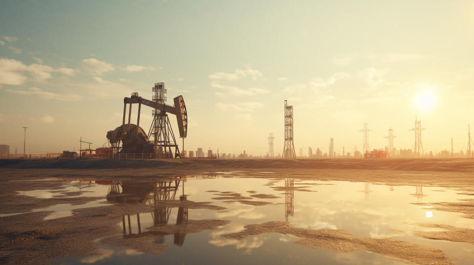 A drilling rig on a large oil field, capturing a crucial moment of the extraction process.