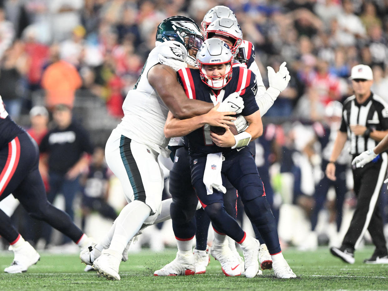 Mac Jones and the Patriots weren't up to the standard of the Eagles on Sunday, let alone the one Tom Brady set during his two decades with the franchise. (Brian Fluharty-USA TODAY Sports)