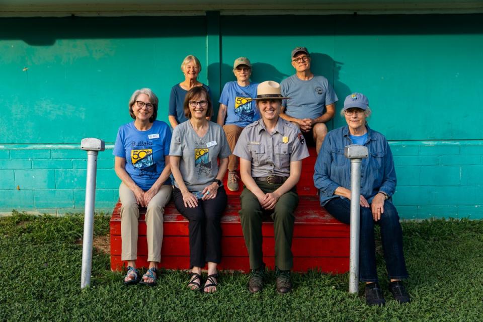 Lauren Ray sits in her uniform during a 50th anniversary movie night at the Kenda Drive-in this summer. Surrounding her are board members from the Buffalo National River Partners. Top row, from left: Jacque Alexander, Aletha Tetterton, Barry Martindale. Bottom row, from left: Terrie Martindale, Ginger Milan, me, Ellen Corley.