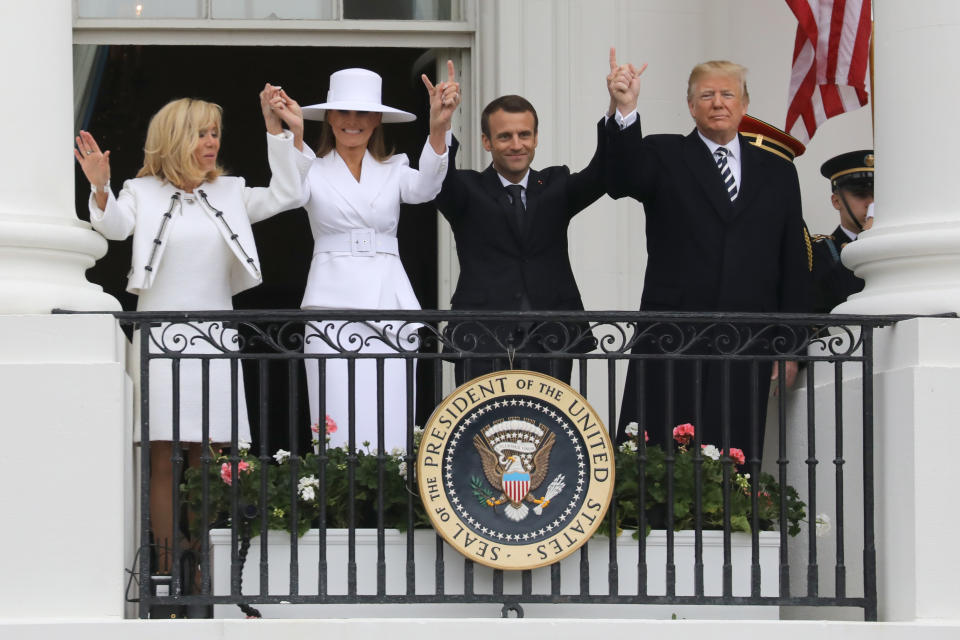 Melania stood alongside her husband, Donald Trump, and French President Emmanuel Macron and his wife, Brigitte. Photo: Getty Images