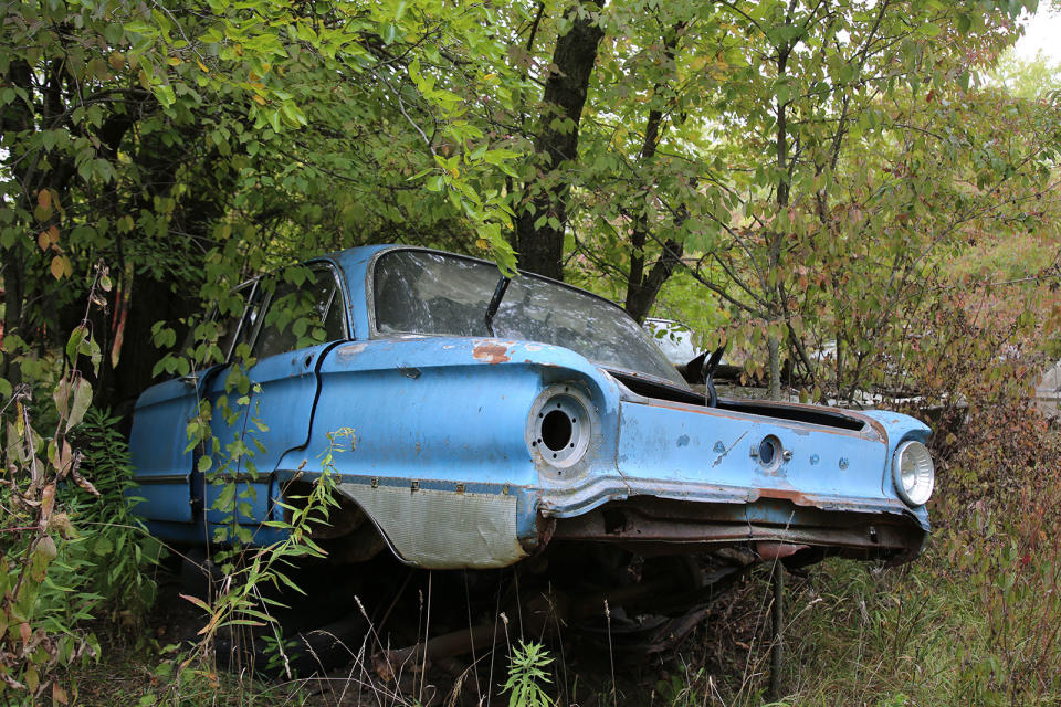 <p>The Ford Motor Company is by far the most dominant brand at Ron’s Auto Salvage, whether that be Ford, Mercury, Lincoln, or Edsel. Here’s a Ford Falcon, the blue oval’s first compact, and its attempt <strong>to compete with the growing number of fuel-efficient European and Japanese imports</strong>.</p><p>It was launched in 1959 for the 1960 model year and ran through to 1970. Check out the makeshift repair a previous owner made on the rotten rear fender.</p>