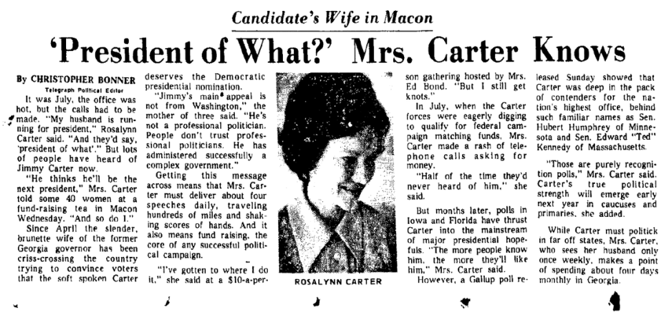 A clipping from the front page of the Macon Telegraph from Dec. 11, 1975, which notes Rosalynn Carter’s campaign talk at an afternoon tea in Macon.