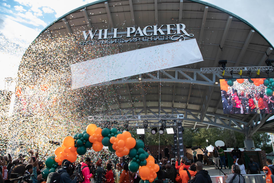 Confetti flies as Florida A&M University's Will Packer Performing Arts Amphitheater is officially opened Friday, Oct. 29, 2021. 