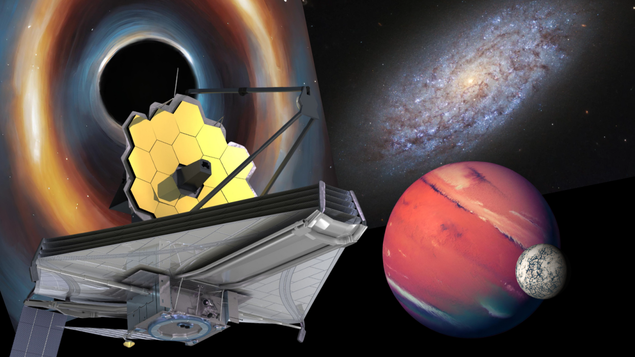  An illustration of the James Webb Space Telescope and some of its Cycle 3 observational targets. 