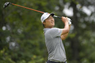 K.H. Lee, of South Korea, tees off from the fifth hole during the final round of the BMW Championship golf tournament, Sunday, Aug. 29, 2021, at Caves Valley Golf Club in Owings Mills, Md. (AP Photo/Nick Wass)