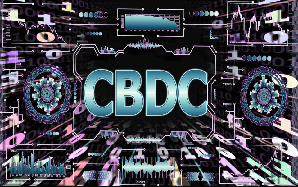 Tunnel of binary code on a black background. The inscription CBDC. Concept Digital Currency Central Bank