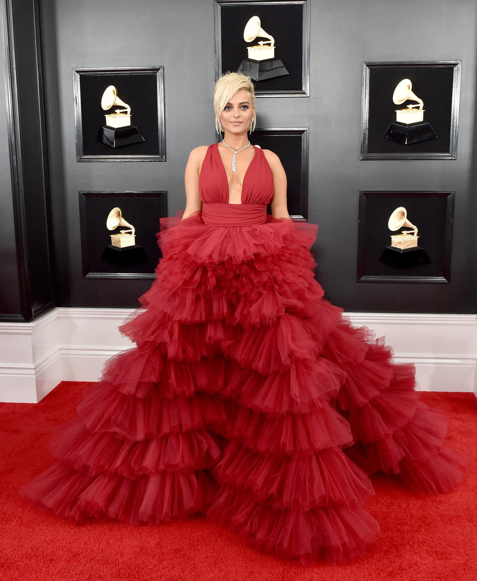 Bebe Rexha at the 2019 Grammy Awards. Image via Getty Images. 