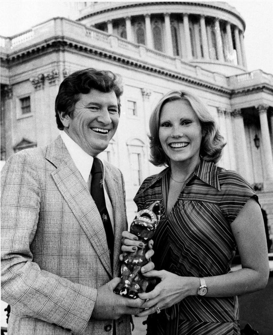 Then-Rep. John W. Jenrette Jr., D-S.C. held a glass donkey as he stood with his wife Rita outside the Capitol in Washington, D.C. in1976. File photo/AP