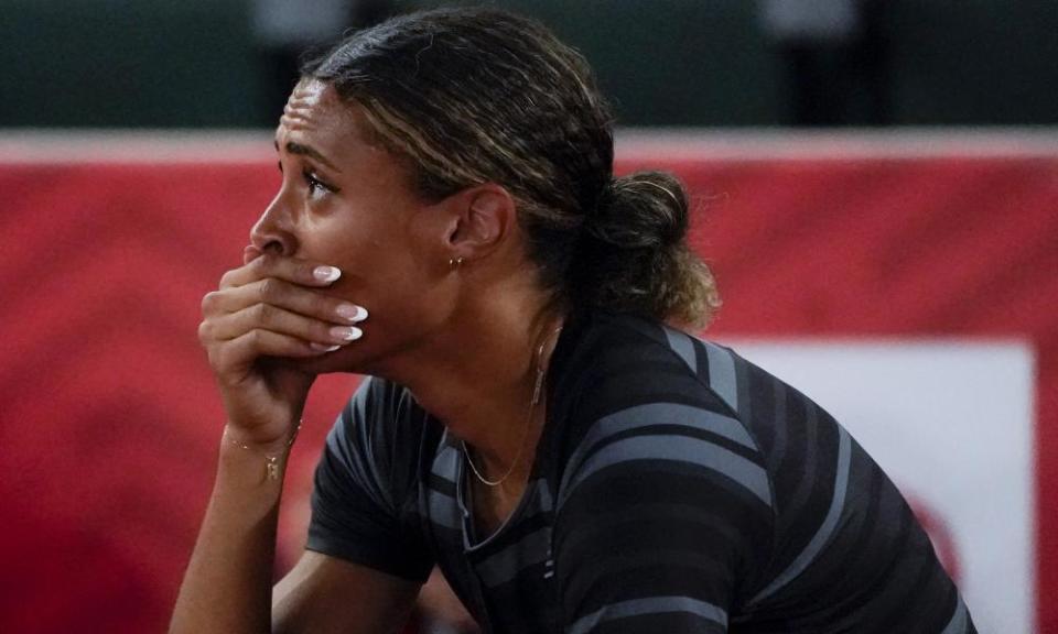 Sydney McLaughlin reacts after setting a world record at the US Olympic trials