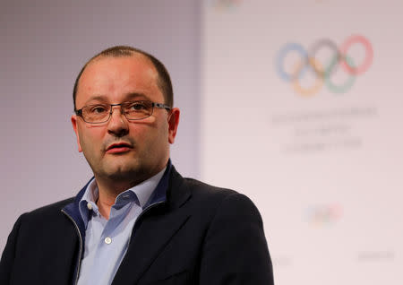 FILE PHOTO: International Olympic Committee Evaluation Commission Chairman Patrick Baumann speaks during a news conference following a day of meetings wth the LA 2024 bid for the Summer 2024 Olympic Games in Los Angeles, California, May 10, 2017. REUTERS/Mike Blake